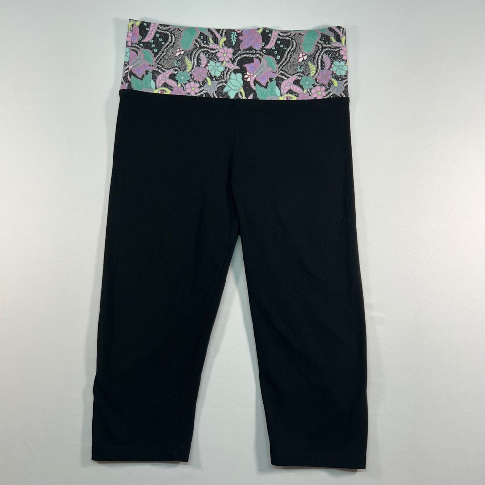 Victorias Secret Black Crop Leggings Floral Paisley Foldover Waist S 342942 0816
